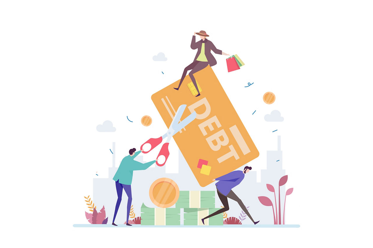 Credit Card Debt Vector Illustration Concept Showing a person trap in a credit card debt, Suitable for landing page, ui, web, App intro card, editorial, flyer, and banner.